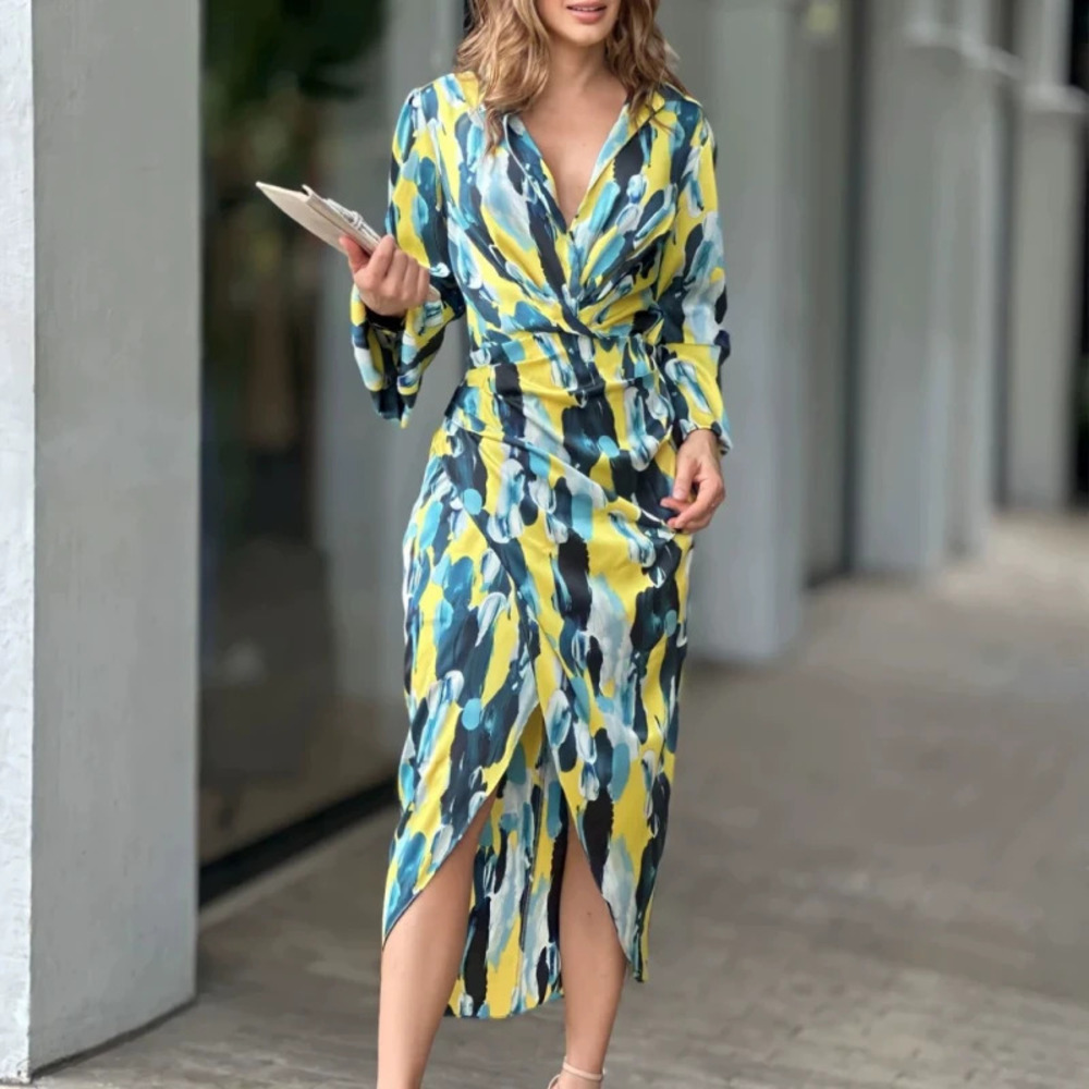 Stylish Printed Long Sleeve Asymmetric Midi Dress for Women